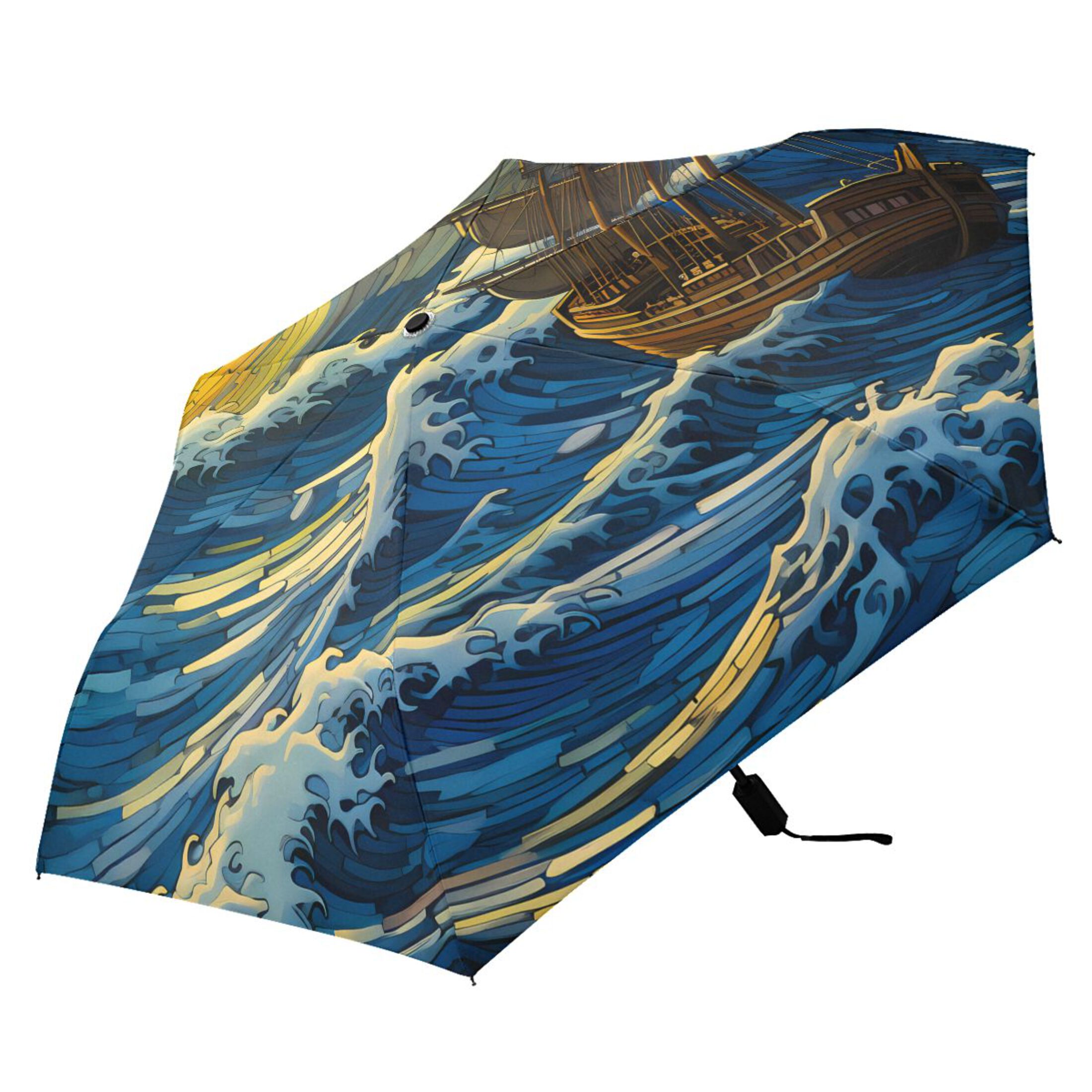 Boat on Wave and Sun Compact Sun Umbrella Windproof Travel Umbrellas for Rain Strong Portable UV Protection
