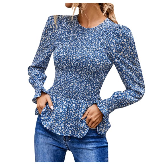 Odeerbi Shirts for Women Round Neck Floral Print Elastic Waist Pleated Bell Sleeves Lace Lap Long Sleeve Tops Coffee