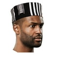 thumbnail image 5 of Black and White African Hand Woven Kente Kufi Hat with Faux Leather, 5 of 6