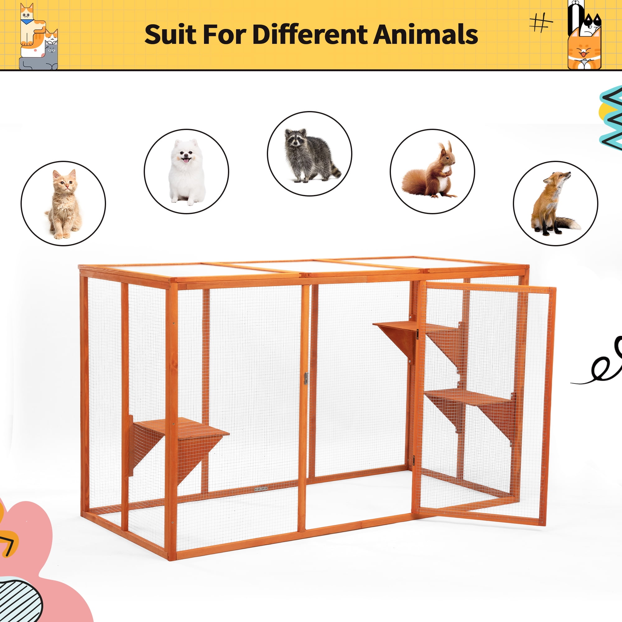 COZIWOW Outdoor Cat House, Wood Cat Catio with Platforms, Lockable Enter Door, Sunshine Panel, Cat Patio Cage Enclosure for Backyard Garden, Orange