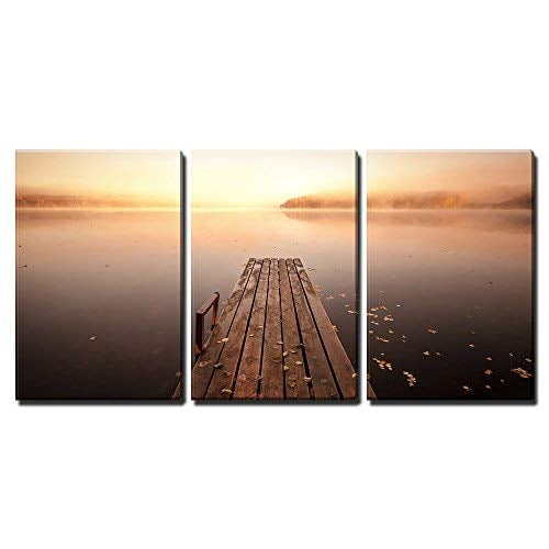 wall26 - 3 Piece Canvas Wall Art - Small Wooden pier on Still Lake in Autumnal Foggy Morning with Rising Sun - Modern Home Art Stretched and Framed Ready to Hang - 16"x24"x3 Panels