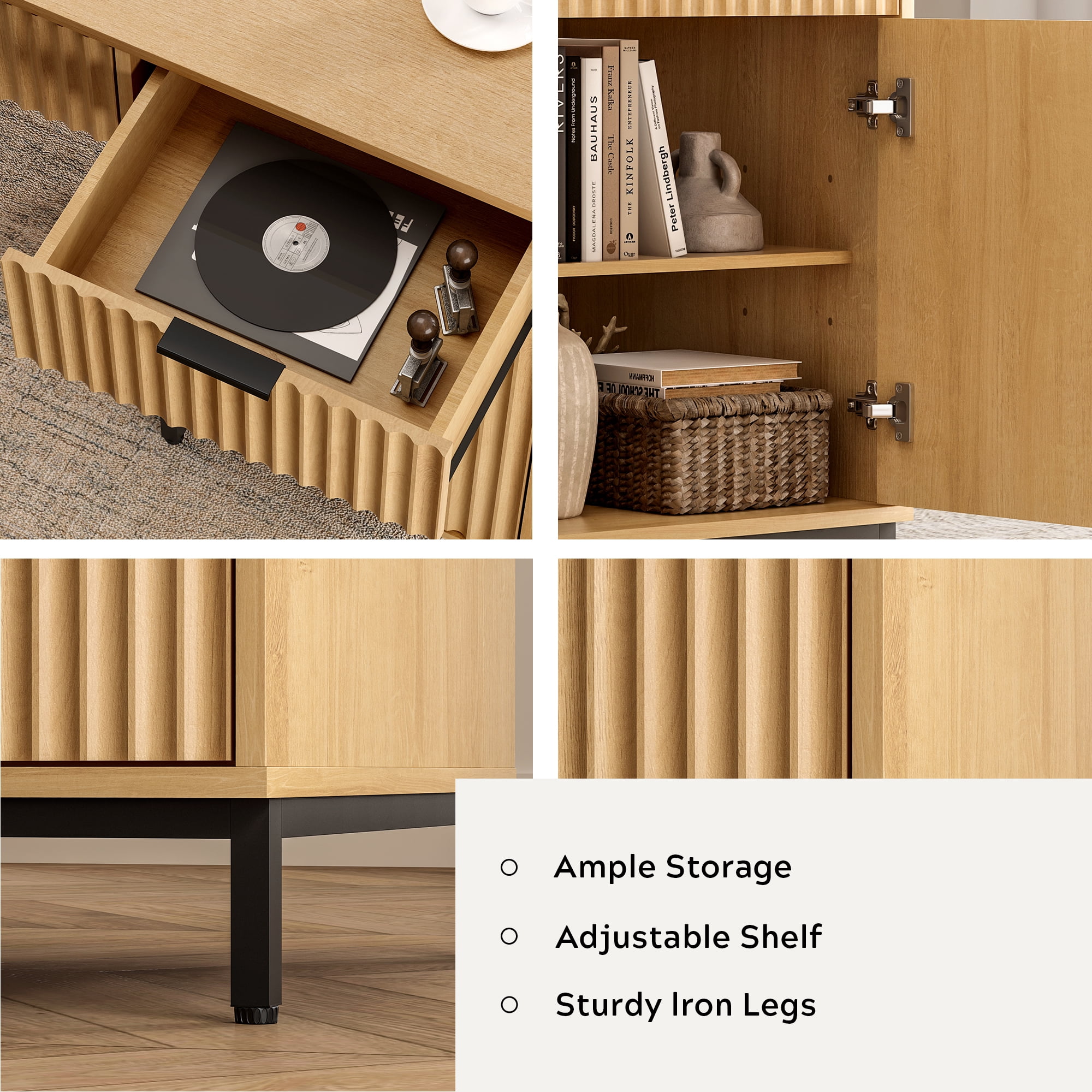 Joyyskill Executive Desk 47" Wood Home Office Desk with Charging Station, Metal Legs Modern Farmhouse Computer Desk with Fluted Drawers, Natural Oak