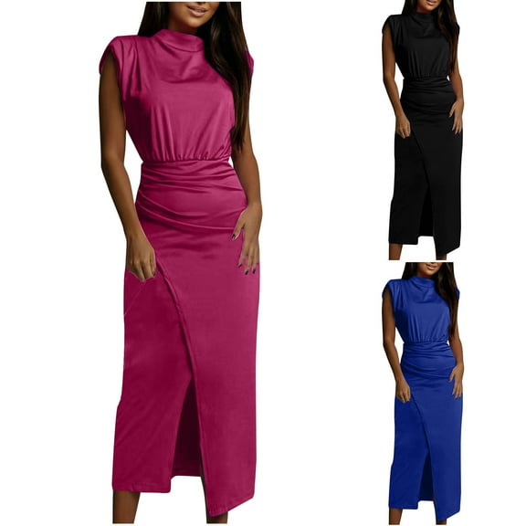 ZZwxWA Women's 2025 Summer Mock Neck Casual Bodycon Dress Cap Sleeve Elegant Cocktail Party Long Midi Dresses