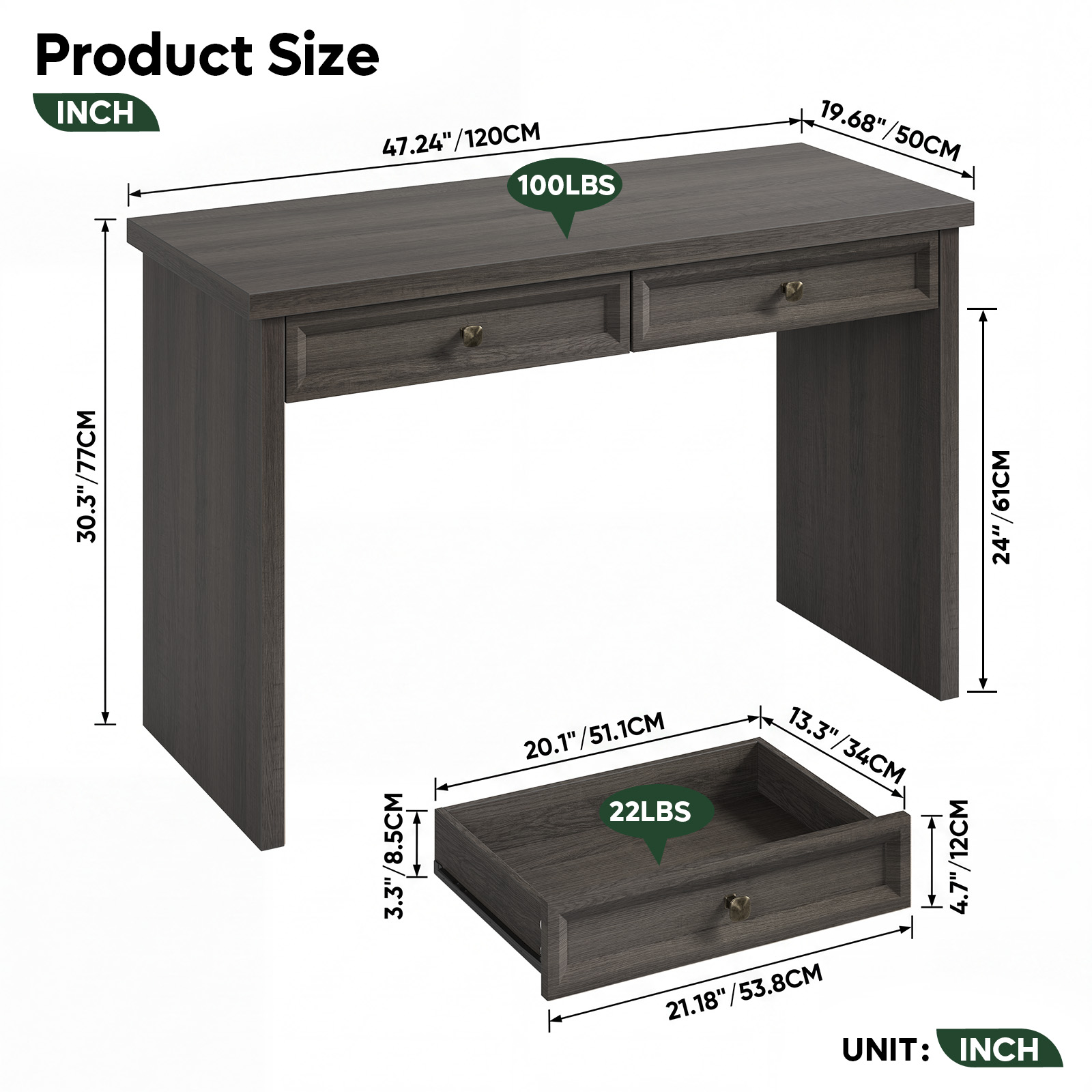 Bestier 47" Computer Desk with Drawers, Modern Farmhouse Gray photo 6