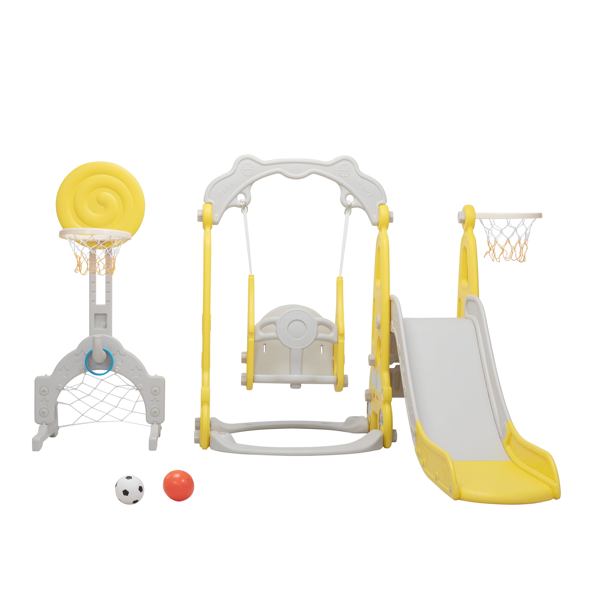 CIPACHO 5-in-1 Toddler Slide and Swing Set, Kids Play Climber Slide Playset w/Basketball Hoop, Soccer Goal, Golf CIPACHO 5-in-1 Toddler Slide and Swing Set, Kids Play Climber Slide Playset w/Basketball Hoop, Soccer Goal, Golf