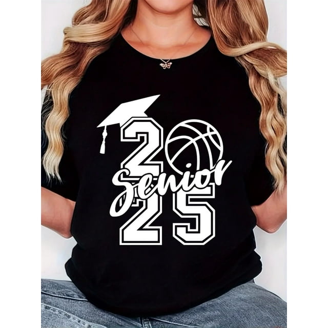 T-Shirt pour Femmes, "Mortarboard Football Senior2025 Blanc", Mode Rétro Minimaliste, Col Rond, Confort Décontracté, T-Shirt à Manches Courtes, Tee-Shirt de Sport Décontracté