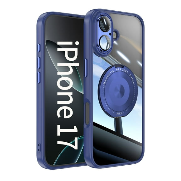 Decase Case for iPhone 17 2025,TPU PC,Built-in Rotatable Metal Kickstand,Clear Back Design Heavy Duty Drop Protection Shockproof Phone Case for iPhone 17,Blue
