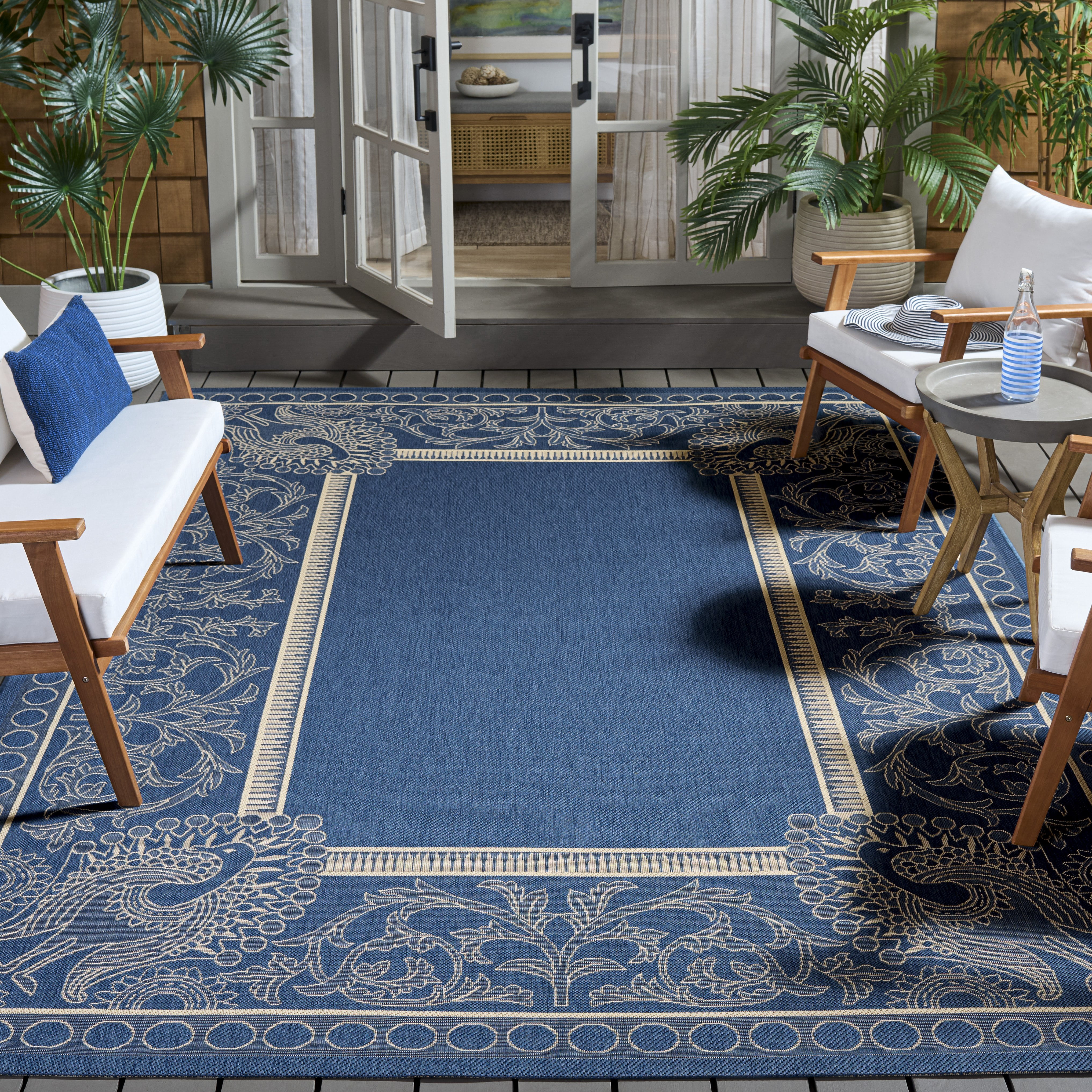 Safavieh Courtyard Cooper Botanical Indoor/Outdoor Area Rug, Blue/Natural, 7'10" x 7'10" Square