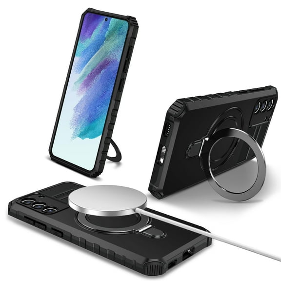 for Samsung Galaxy S21 FE Case with Stand, Magnetic Rugged Military Grade Shockproof Portective Case Compatible with MagSafe Wireless Charger&Magnetic Car Mount Holder, Black