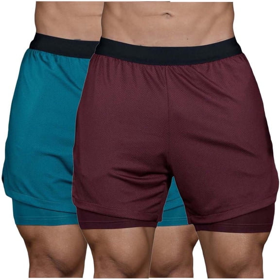 FRSASU Men's 2 in 1 Athletic Running Shorts with Liner Zipper Pocket Waisted Gym Workout Tennis Beach Swimwear Trunks Wine