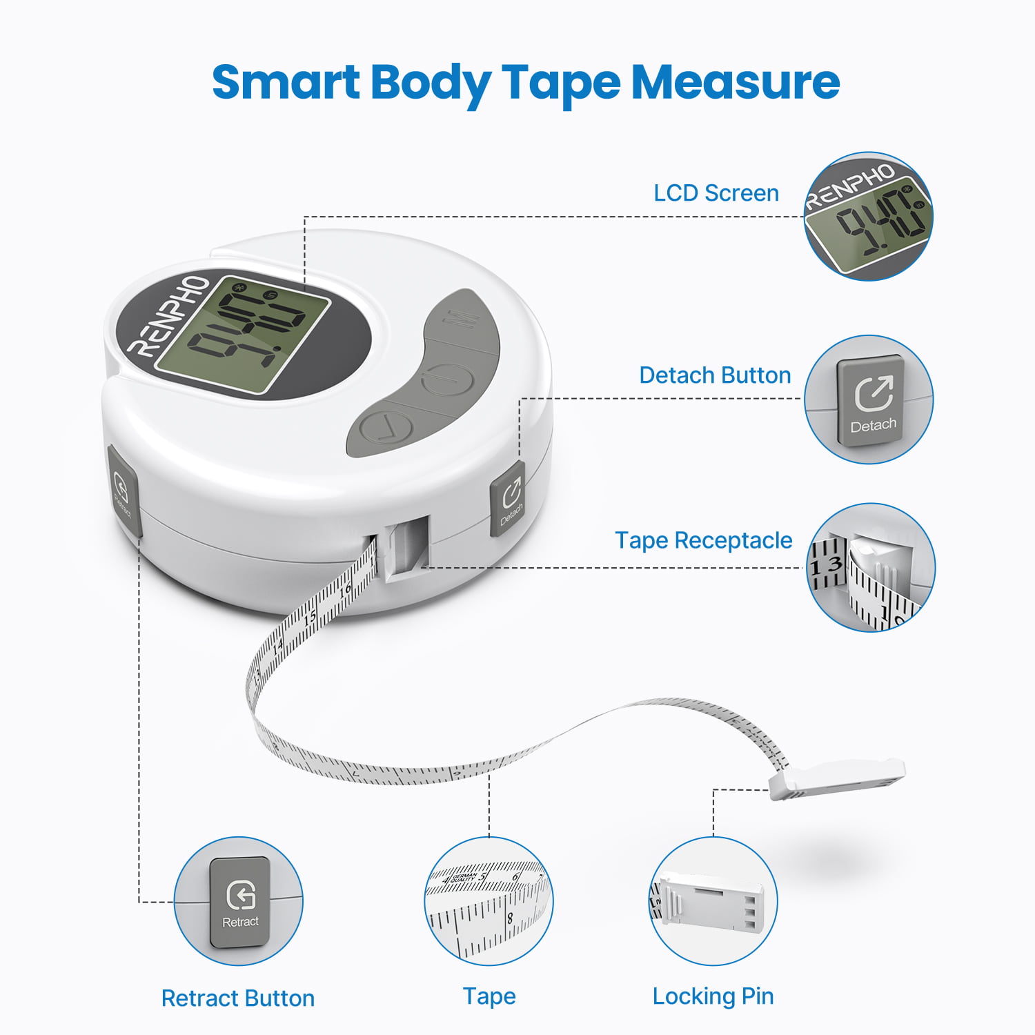 RENPHO Smart Tape Measure Body with App - RENPHO Bluetooth Measuring Tapes for Body Measuring, Weight Loss, Muscle Gain, Fitness Bodybu
