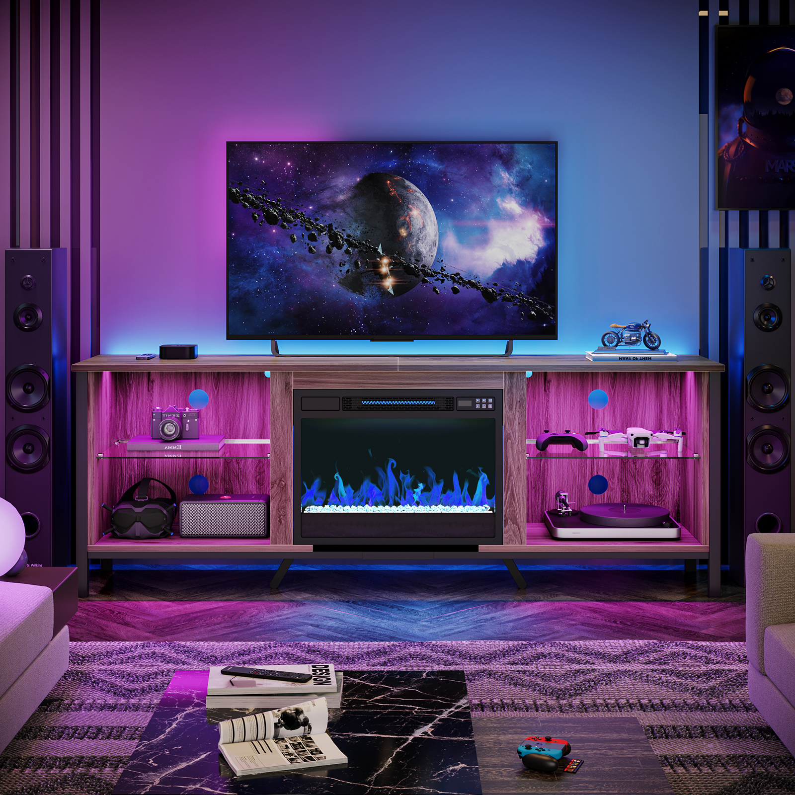 Bestier Modern Electric Crystal Fireplace TV Stand with LED Lights for TVs up to 80", Entertainment Center with Glass Shelves,Pinewood