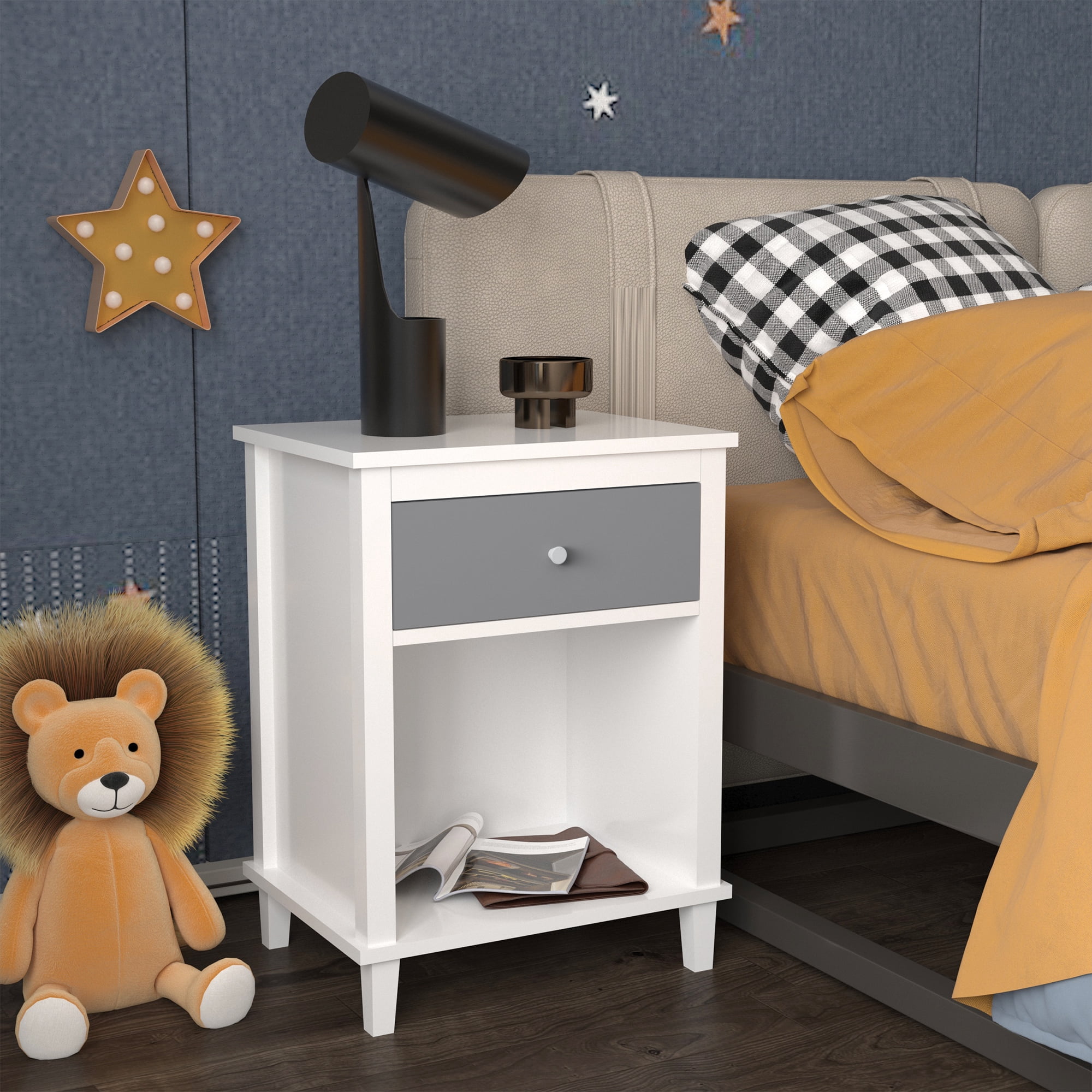 26.77''H Wooden Nightstand with One Drawer One Shelf for Kids, Adults,Gray+Silver handle