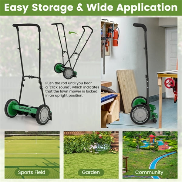 imerelez Manual Lawn Mower, 16 Inch 5-Blade Cordless Manual Reel Lawn Mower with Grass Catcher Bag, Adjustable Cutting Height 1.34-2.52 in, Walk-Behind Lawn Mowers for Yard Garden