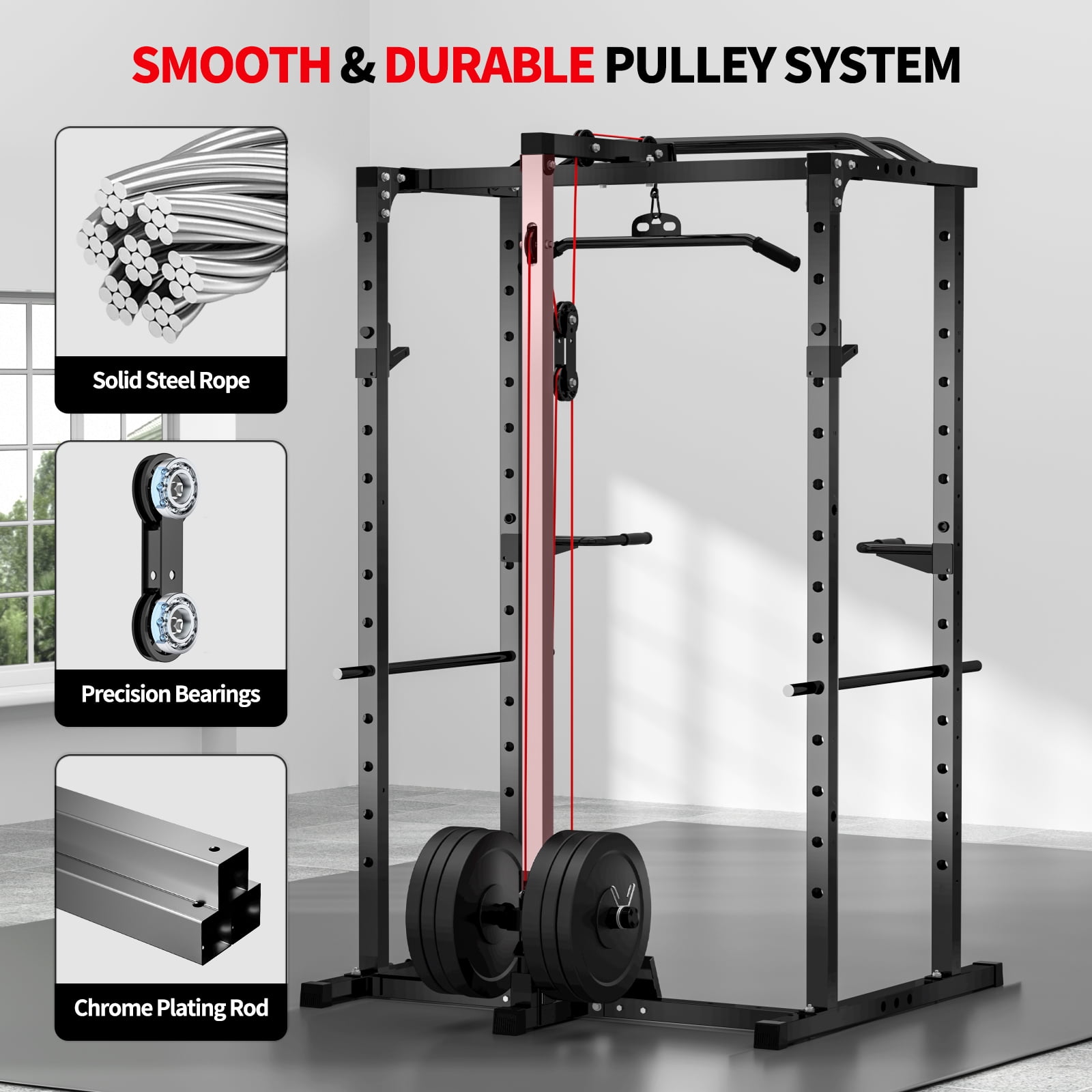 BOGYKIK H30 BASE Power Rack with LAT Pulldown, 2000 lb Power Cage with Cable Pulley System, Pull-Up Bar & Attachments, Black