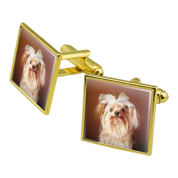 Yorkie Yorkshire Terrier Dog Bow In Hair Square Cufflink Set - Silver or Gold
