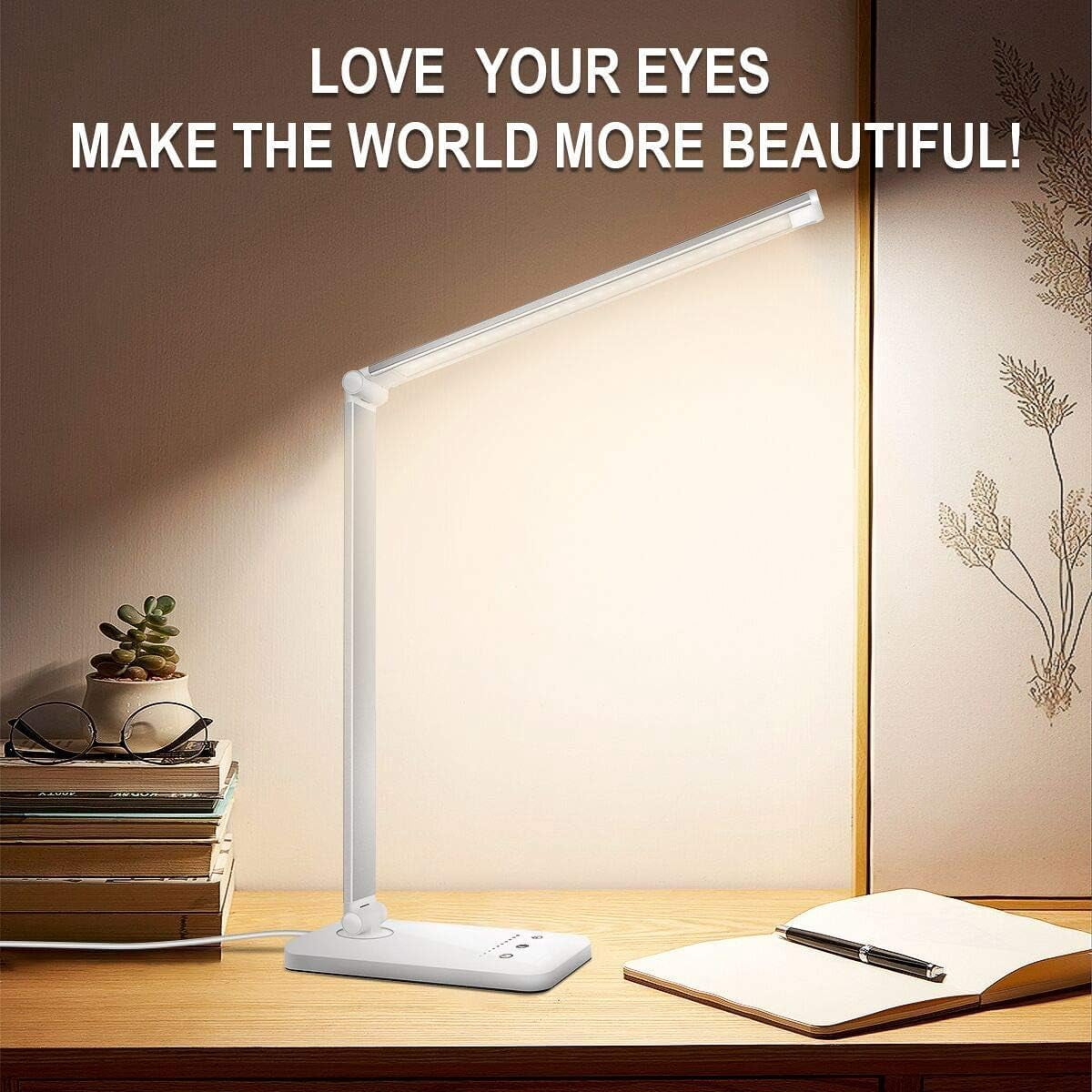 White crown LED Desk Lamp Dimmable Table Reading Lamp with USB Charging Port, 5 Lighting Modes, Sensitive Control, 30/60 Minutes Auto-Off Timer, Eye-Caring Office Lamp (Black)
