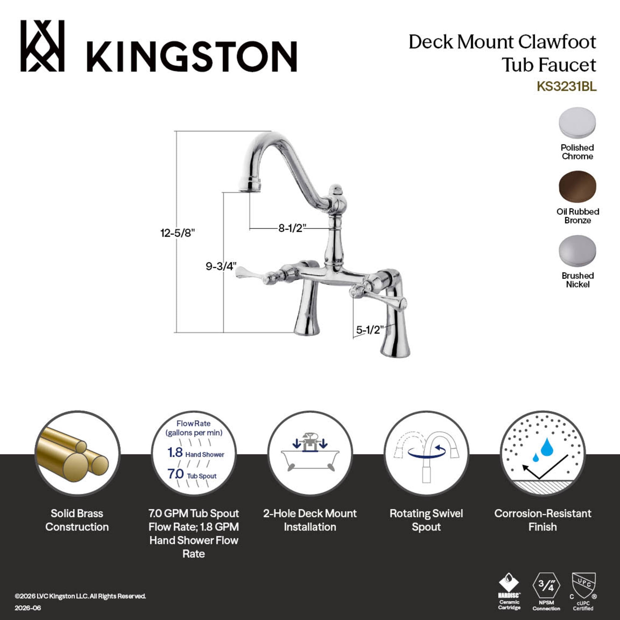Kingston Brass KS3235BL Restoration Two-Handle 2-Hole Deck-Mount Clawfoot Tub Faucet in Oil Rubbed Bronze