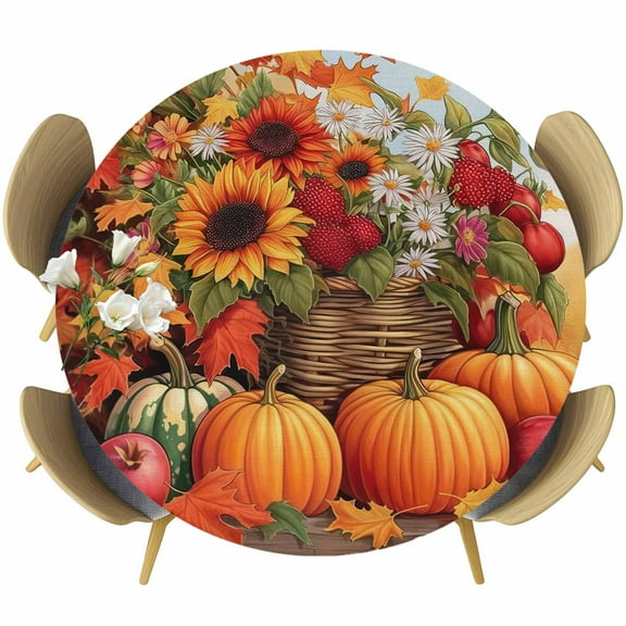 Orange Pumpkins Fall Round Tablecloth 36-44 Inch Round Fitted Table Cloth with Elastic Edge, Watercolor Sunflower Botanical Waterproof Table Cover Protector for Outdoor Picnic Party Dining