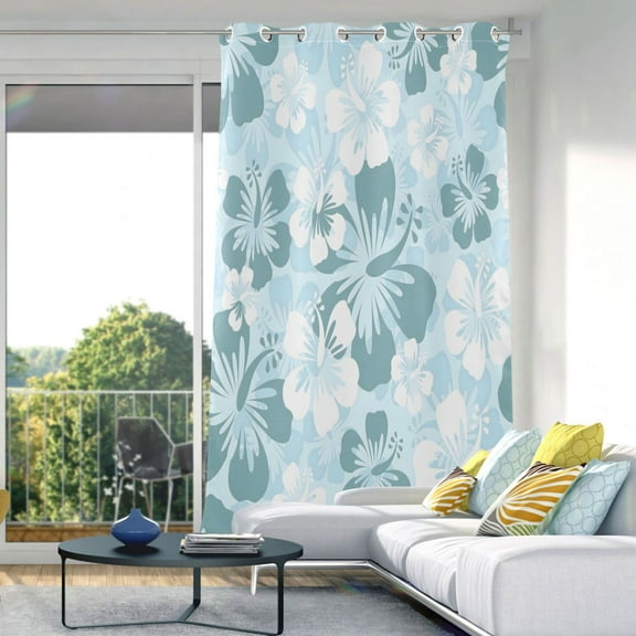 Hibiscus with Blue and White Blackout Curtains 84"x52" Thermal Insulated Curtain 1 Panel