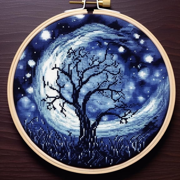 Starry Night Tree Stamped Cross Stitch Kits for Beginners Easy with Hoop 11CT Needlepoint Embroidery DIY Counted Cross Stitch Kits Art Craft Wall Decoration 35x35cm(3)