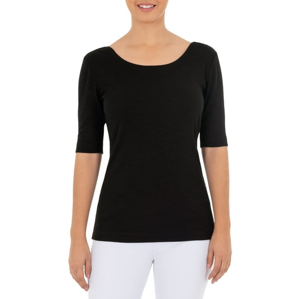 Time and Tru Time and Tru Women's Elbow Sleeve Scoop Neck TShirt