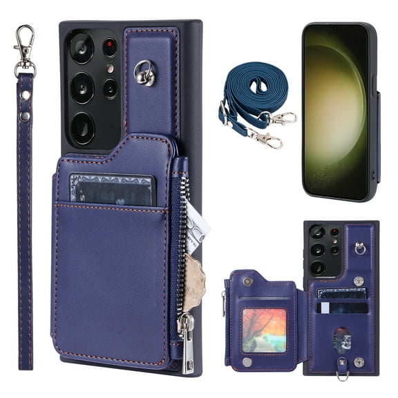 Compatible with Samsung Galaxy S23 Ultra PU Leather Clasp Flip Zipper Purse Case, with Shoulder Strap Lanyard for Women Credit Card Holder Cell Accessories Phone Cover for Samsung S23 Ultra, Blue