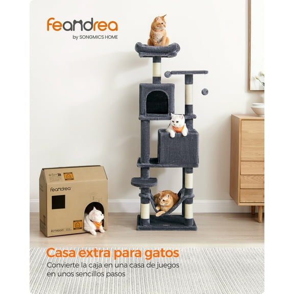 Feandrea Árbol para Gatos de 155 cm de Altura, 49 x 40 x 155 cm, Rascador para Gatos con 5 Postes, Felpa Multicapa, Gris Ahumado
