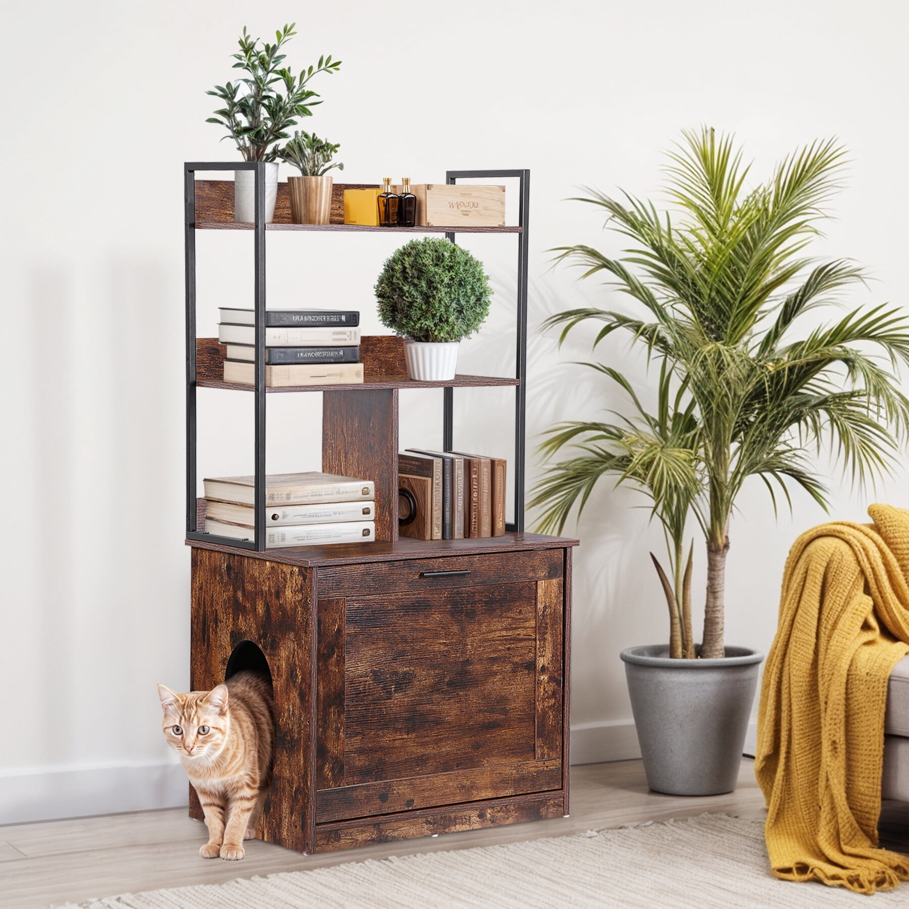 HomGarden 2-in-1 Cat Hidden Litter Box Enclosure W/Storage Shelves, Cat Washroom & Furniture, Rustic Brown