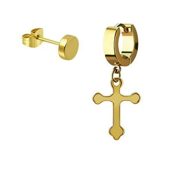 iJewelry2 Gold Tone Stainless Steel Dangling Budded Cross Helix Huggie Hoop and Illusion Plug Stud Earrings
