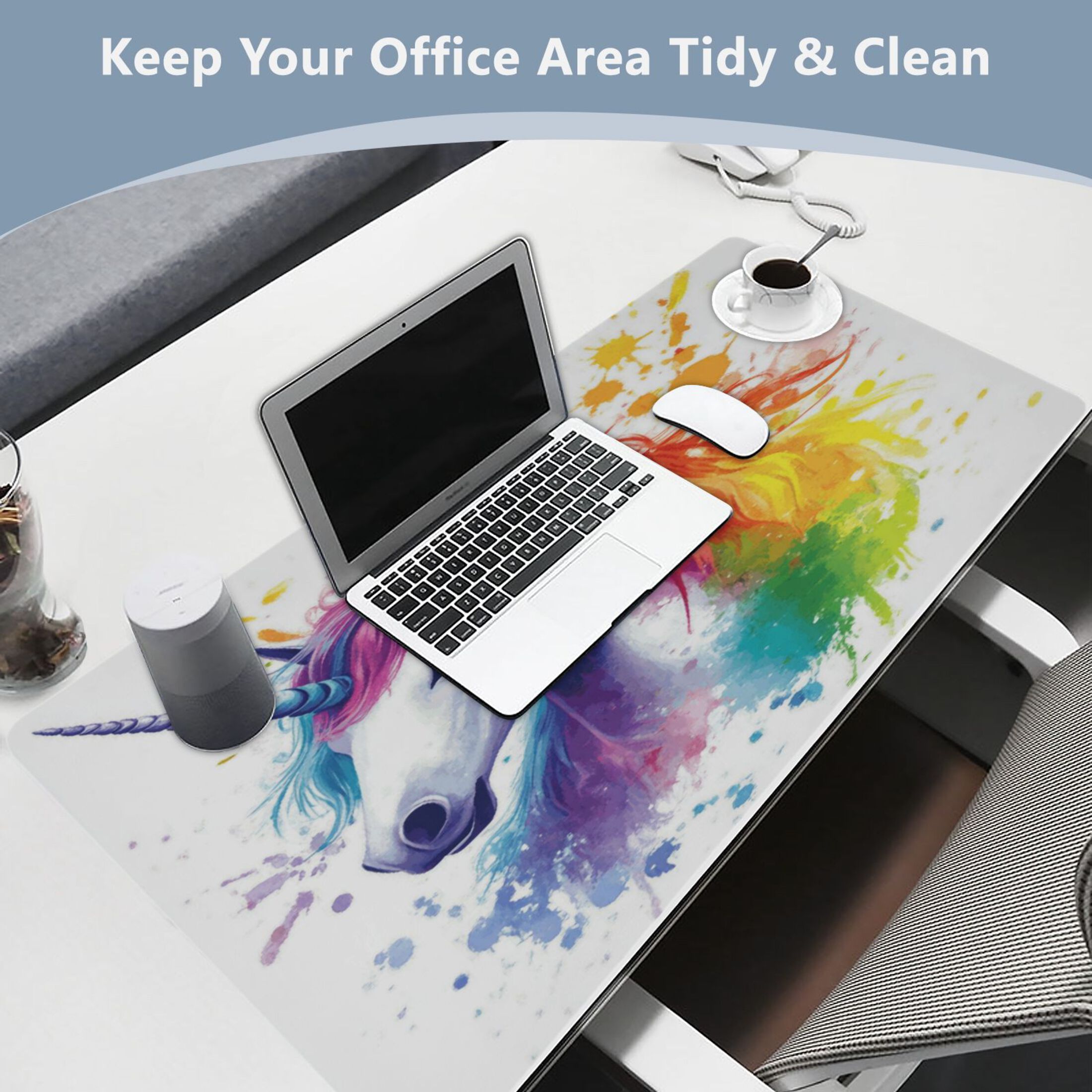 Leather Keyboard and Mouse Desk Mat Office Desk Accessories Protective Office Desk Decor Desk Pad Mat for Gaming, Work from Home, Office Rainbow-colored Unicorn 16.5" x 35.4"