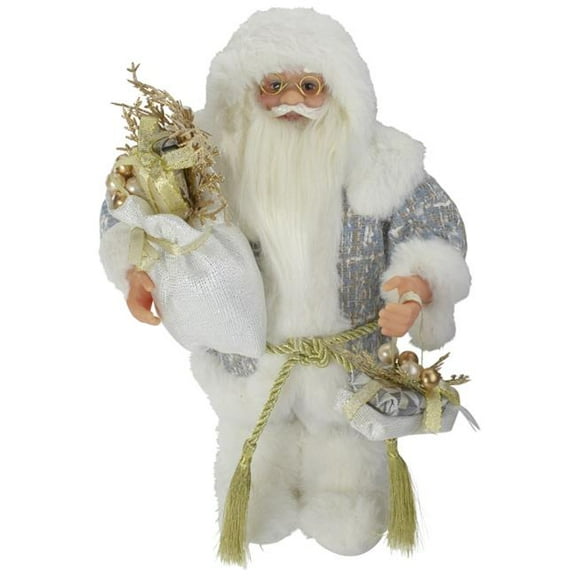 12 in. Standing Santa Carrying A Full Sac of Presents Christmas Figure, White & Gold
