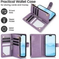 thumbnail image 5 of Butterfly Flower Embossed Wallet Case for iPhone 16, PU Leather Case Magnetic Closure Handbag Zipper Pocket Case Kickstand Card Slots with Hand Strap Flip Case for Women Girls, Purple, 5 of 7