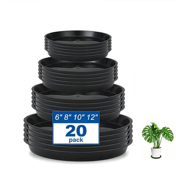 20 Pack Black Plant Saucers – 6, 8, 10, 12 Inch Plastic Trays for Pots, Indoor & Outdoor Drip Trays for Water Drainage & Floor Protection