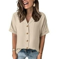 thumbnail image 2 of Ecqkame Womens Button Down Tops Turndown Collar Short Sleeve Solid Color Shirt Summer Casual Loose Beach Tops Khaki XXL, 2 of 6