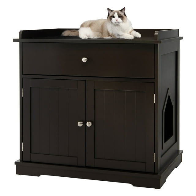 Gymax Bac à Litière pour Chat en Bois avec Tiroir Table d'Appoint Meuble Café