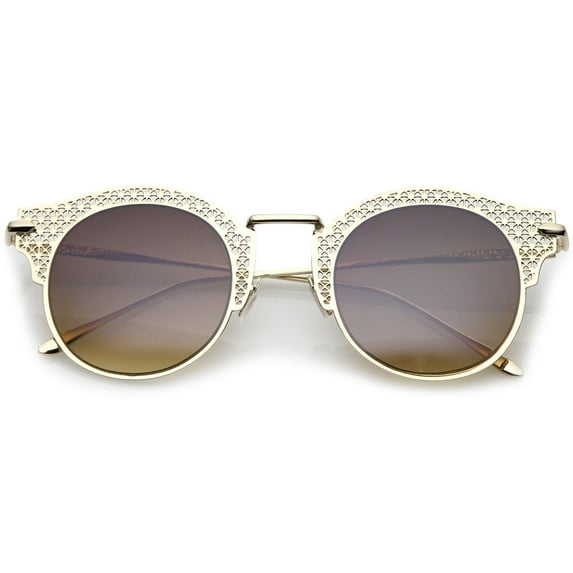 sunglassLA Female Women's Open Metal Cutout Slim Arm Round Flat Lens Half Frame Sunglasses 50mm (Shiny Gold / Amber) - 50mm