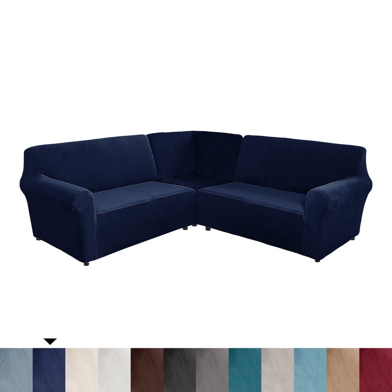 Eurhowing 5-Seater L-Shaped Sofa Cover, Stretch Velvet Soft Couch Slipcover for Sectional Corner Sofa, Non-Slip Furniture Protector, Navy Blue