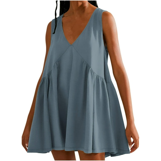 VEKDONE Mode Femmes Été Décontracté Uni Col en V Sans Manches Robe Mini Bleu Clair P