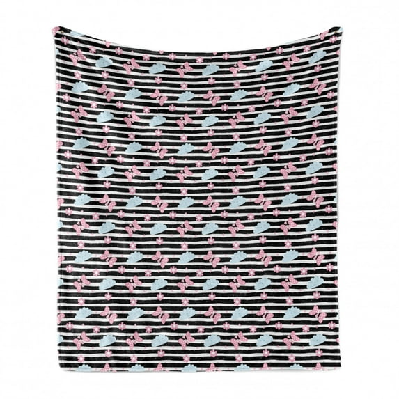 Childish Soft Flannel Fleece Blanket, Butterflies Clouds Flowers and Hearts Pattern with Monochrome Stripes, Cozy Plush for Indoor and Outdoor Use, 70" x 90", Pale Pink and Baby Blue, by Ambesonne