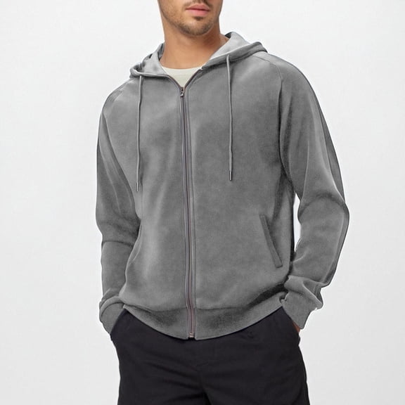 Guieoi Mens Shirts under $5.00 Men's Long-sleeved Hooded Pocket Drawstring Zipper Sweatshirts/coat Gray