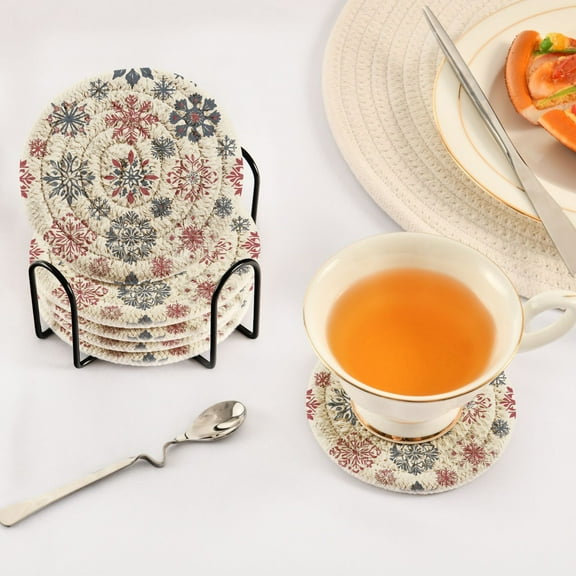 YAZAOO 6Pcs Drink Coasters With Holder 3.94Inch Festive Winter Snowflakes Creative Coil Coaster Coasters Colors Absorbent Coasters for Drinks Coasters Set Thicken Heat for Home Table