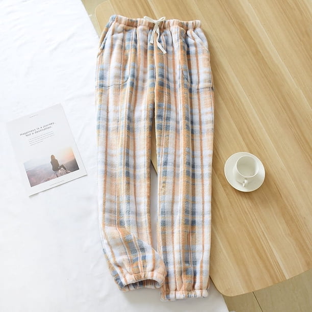 Pantalones de pijama de franela de invierno para hombres y mujeres, pantalones cálidos de polar coral grueso a cuadros con cuello alto para parejas, pantalones de casa con bolsillo
