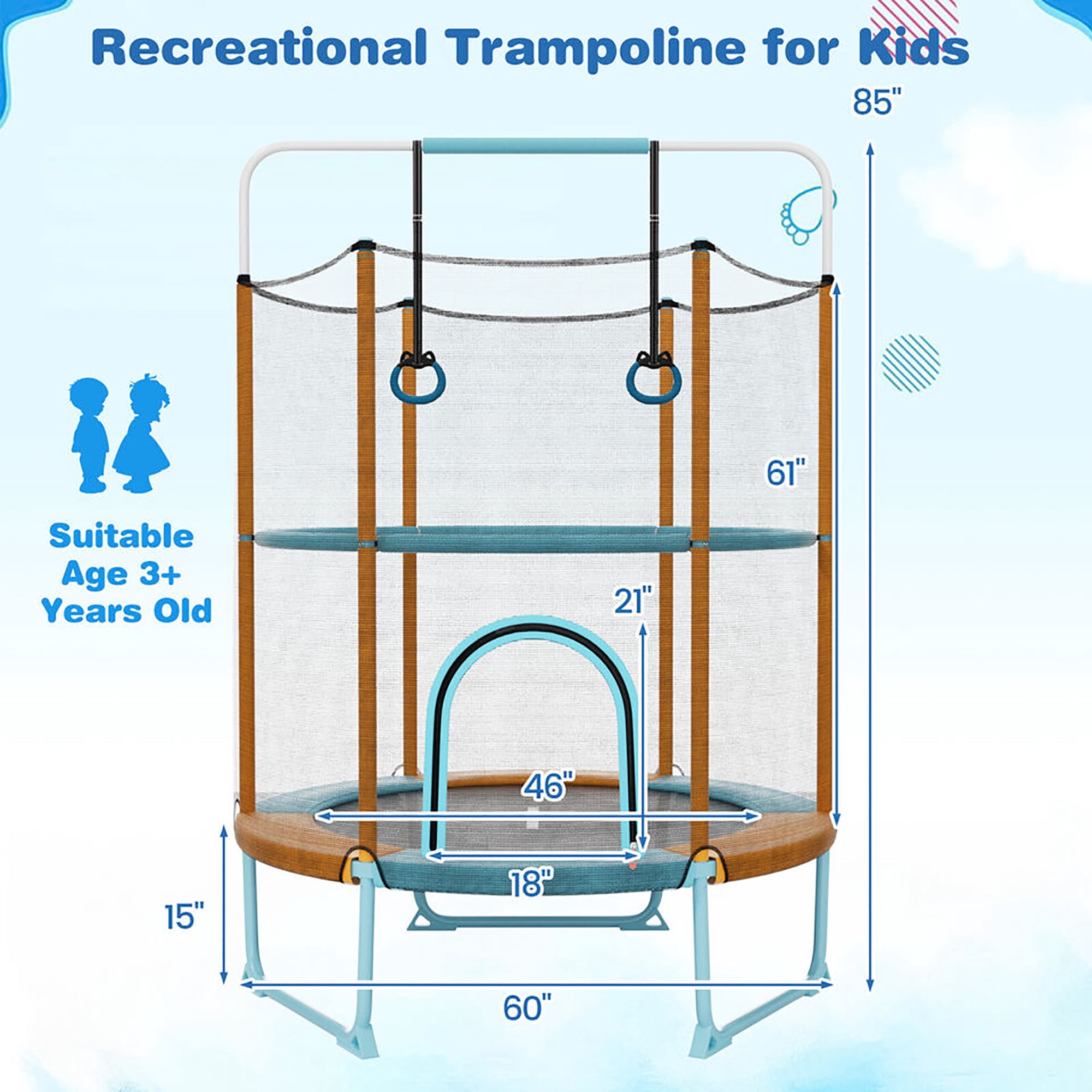 Gymax 60'' Trampoline for Kids w/ Gymnastic Bar Rings Foamed Handle No Gap Design Blue & Orange