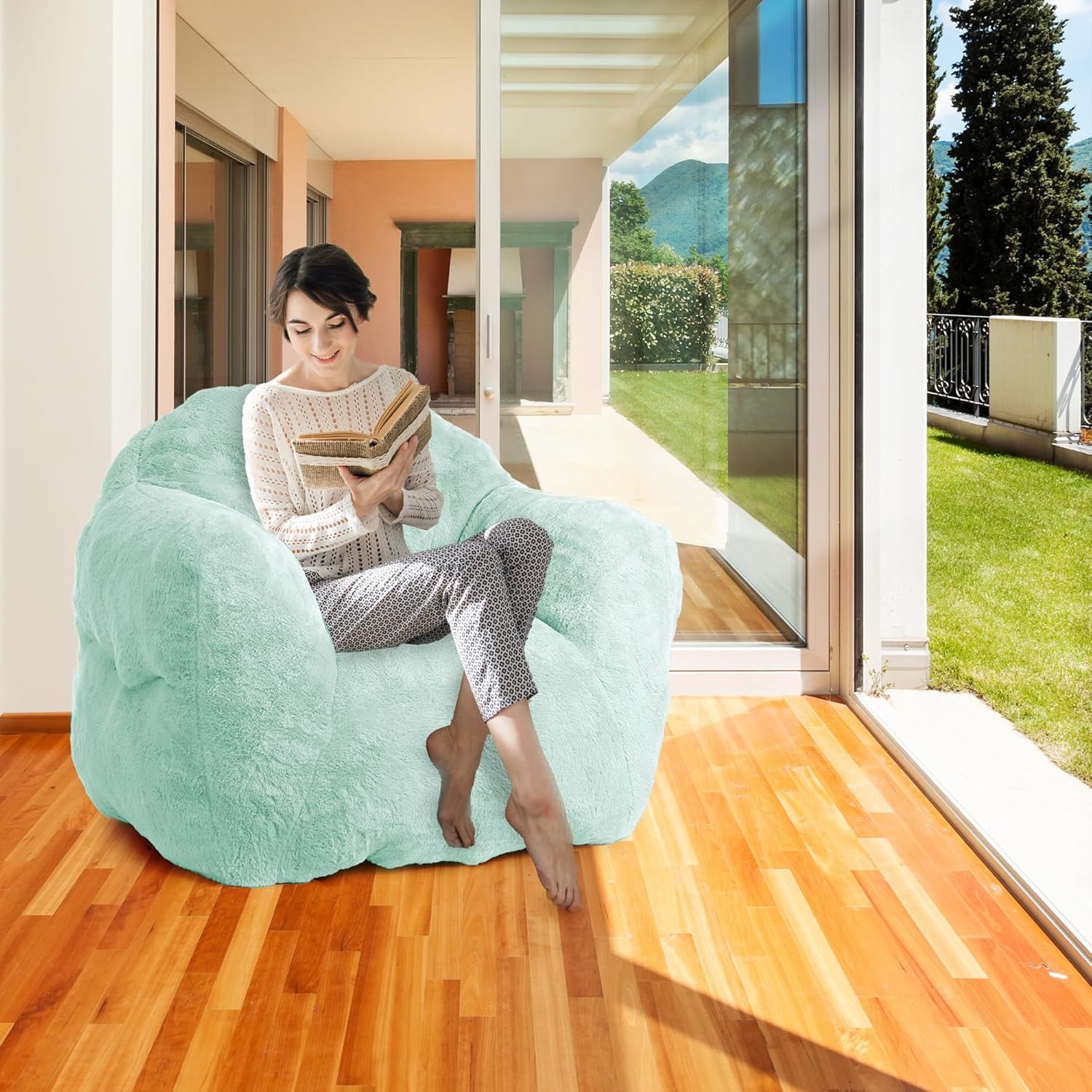 Acekid Bean Bag Chair With Filler Included Large Beanbag Chairs For Adults Machine Washable Memory Foam Bean Bag Chair Ultra Soft Faux Fur Fabric Round Fluffy Sofa For Living Room