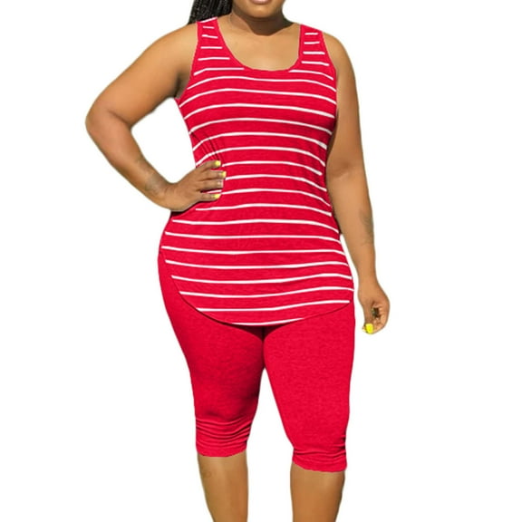 HAiming Plus Size Two Piece Outfits for Women Summer Casual Striped Sleeveless Tops Knee Length Pants Tracksuit Sets