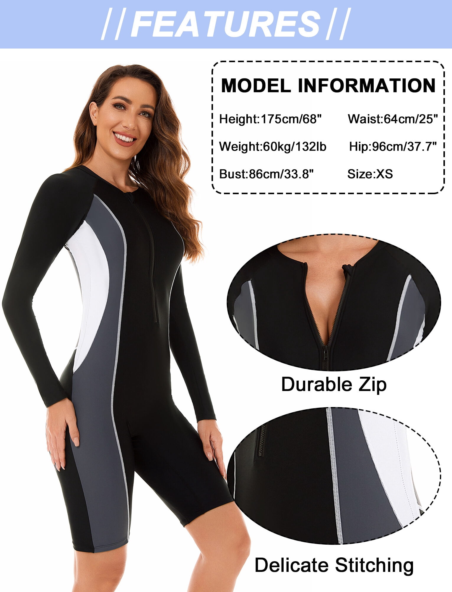 Women's Long Sleeve Bathing Suits One Piece Zipper Front Rash