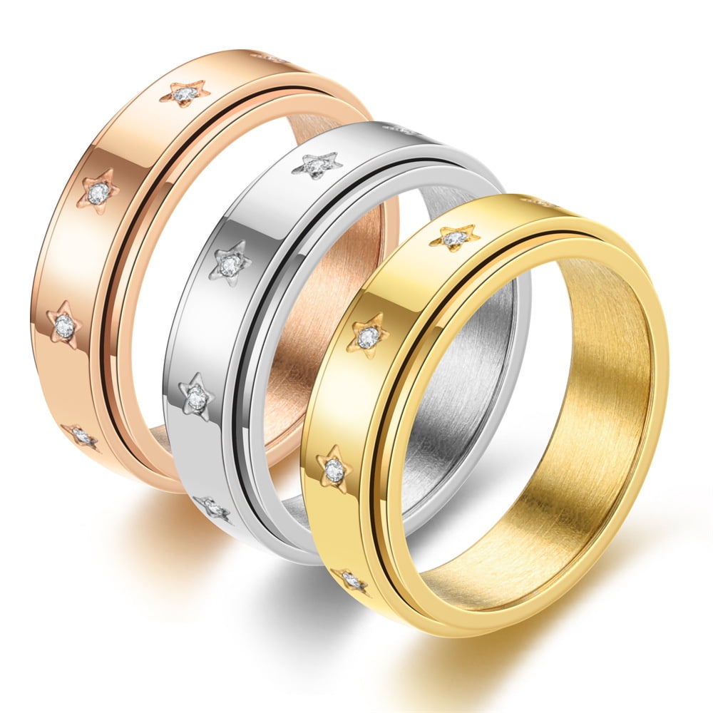 Anxiety Fidget Spinner Rings Korean 14K Yellow Gold Simple Zircon Star Rings for Women Men Anti Stress Jewelry