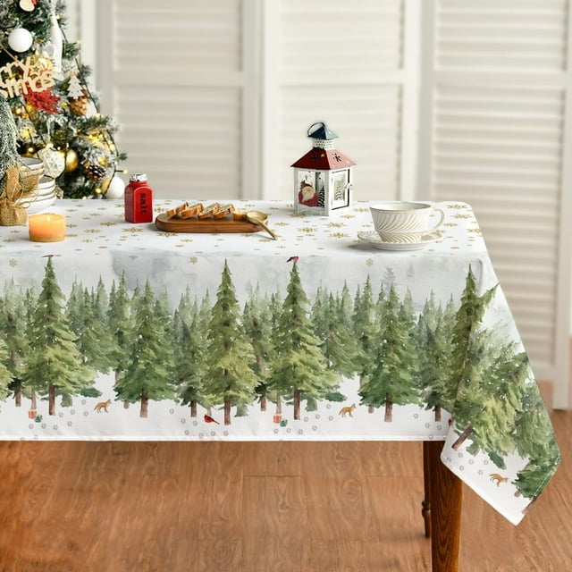 Horaldaily Christmas Tablecloth 60×84 Inch, Golden Snow Trees Washable Table Cover for Party Picnic Dinner Decor