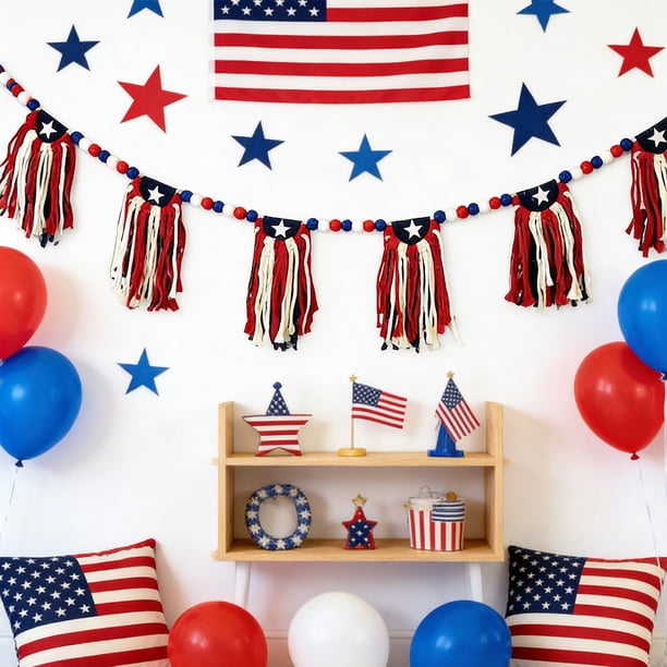 Guirnalda patriótica de borlas rojas, blancas y azules con cuentas para la bandera del Día de la Independencia y el Día de los Caídos, decoración para fiestas en el hogar. Cortina decorativa